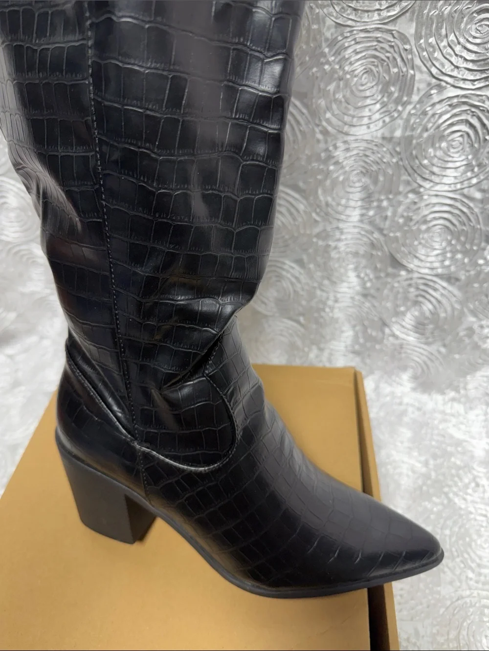 Tru Comfort Black Croc-Embossed Over-the-Knee Pointed Boot